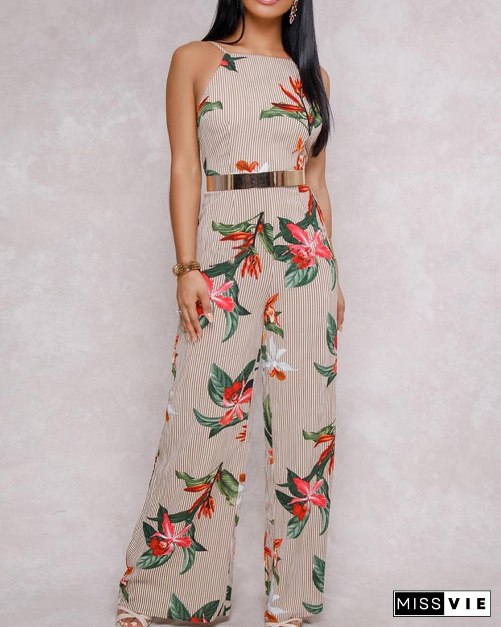 Floral Printed Halter Open Back Casual Wide Leg Jumpsuit