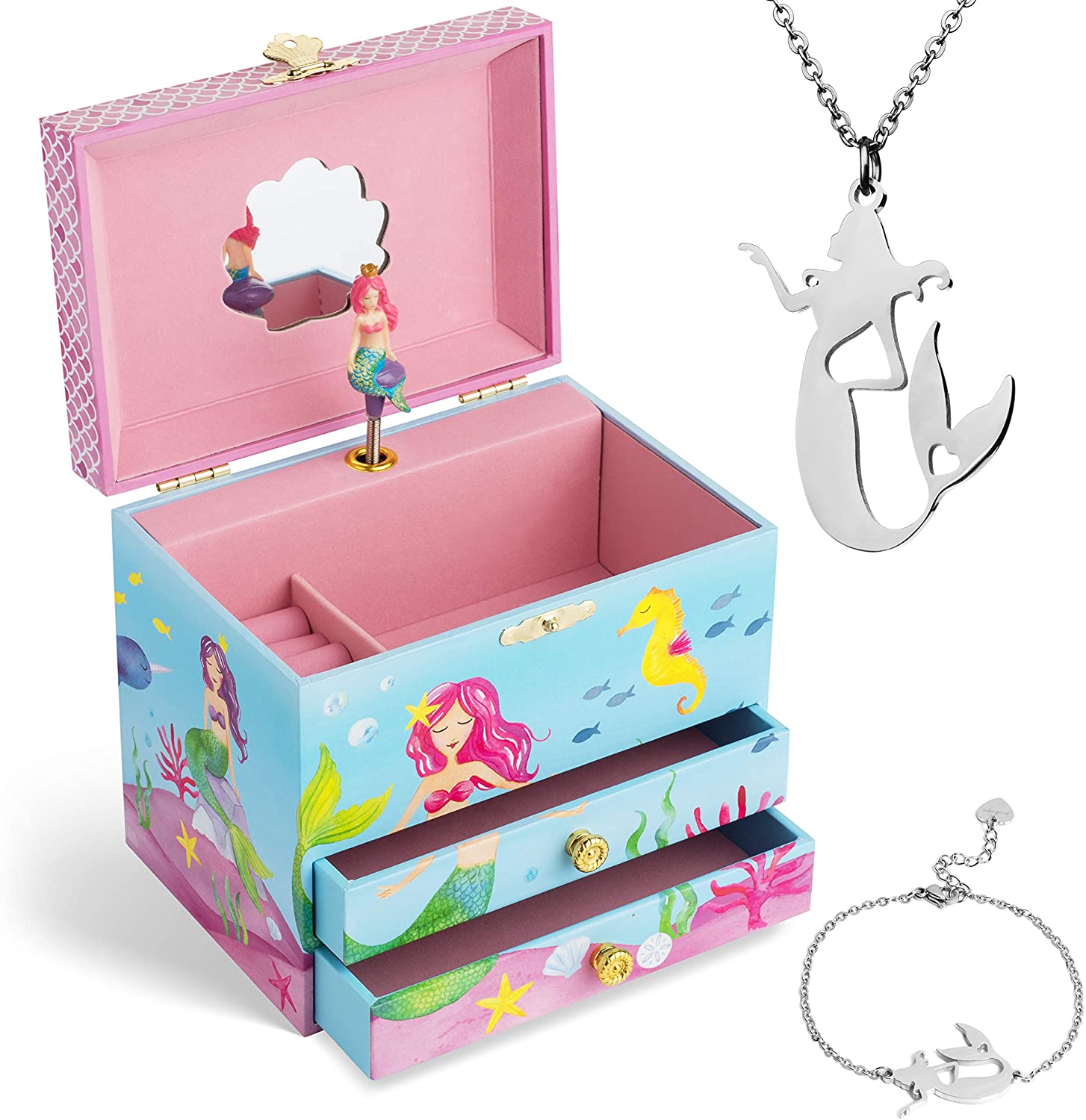 Jewelkeeper Mermaid Musical Jewelry Box & Little Girls Jewelry Set - 3 Mermaid Gifts for Girls