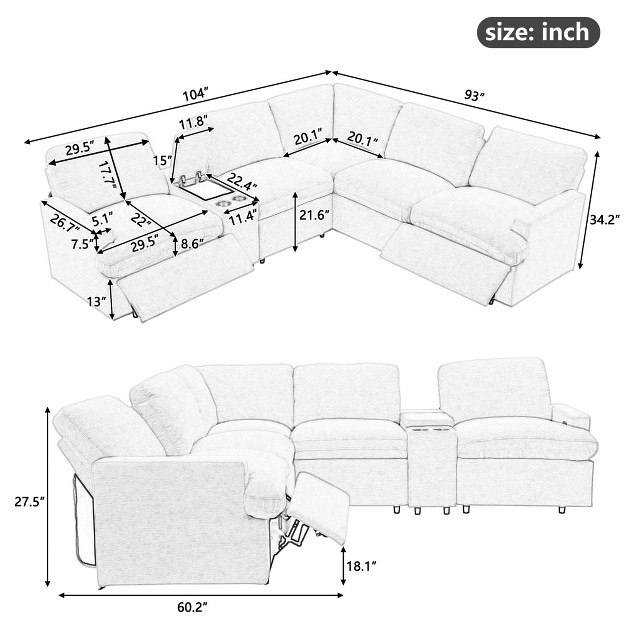 104 x27 x27 Sectional Sofa Couch Set Home Theater Power Recliner Couches With Storage Box Cup Holders Usb Ports And Power Socket modernluxe