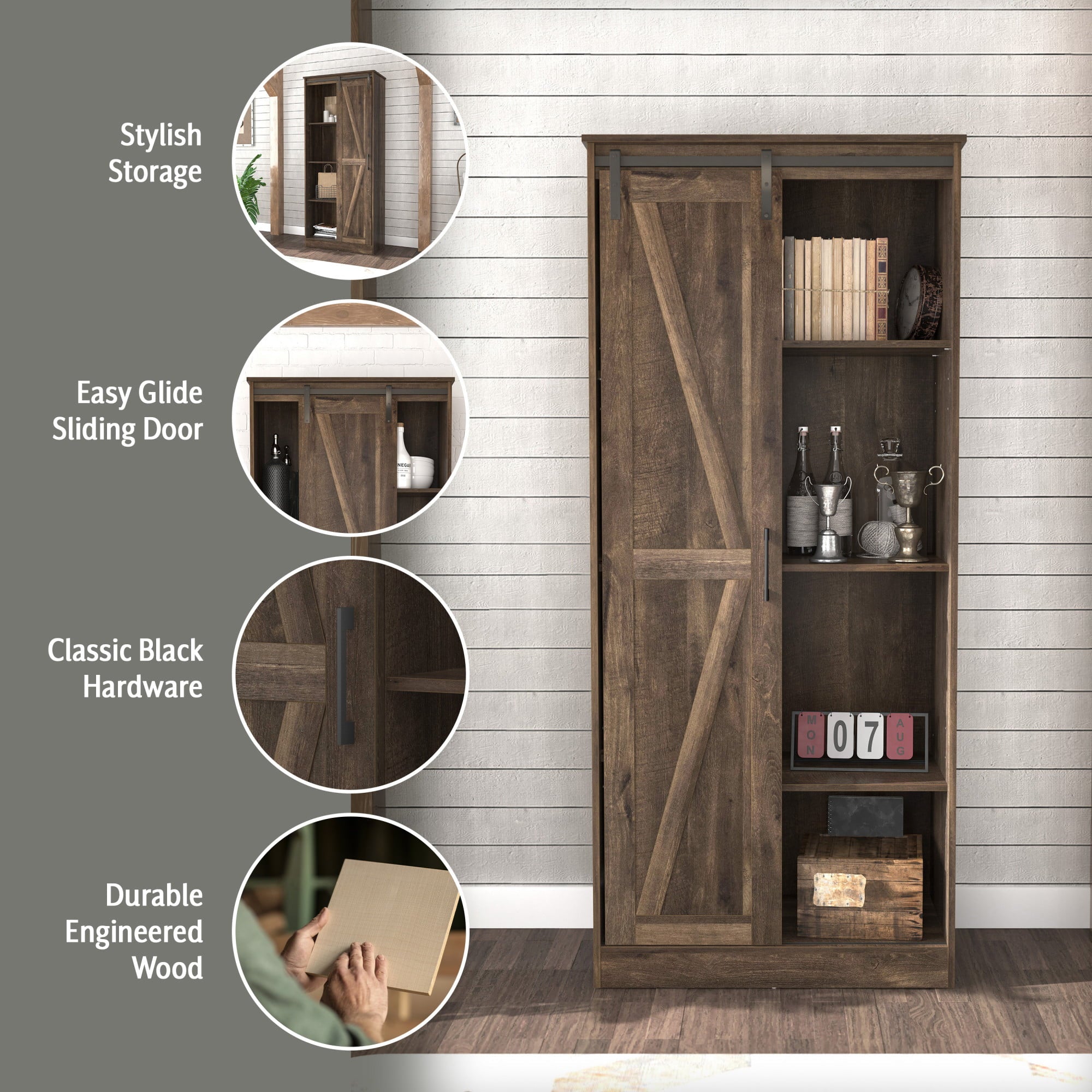 Woven Paths Shelton Wood Kitchen Pantry with 1 Sliding Barn Door， Dusty Oak