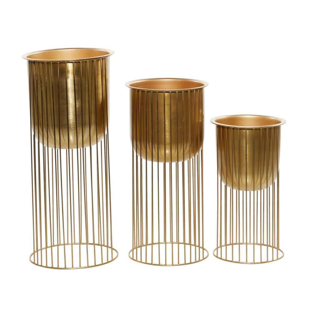 Litton Lane 24in. Large Gold Metal Deep Recessed Dome Planter with Elevated Caged Stand (3- Pack) 51982