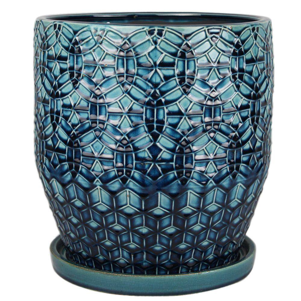 Trendspot 12 in. Dia Blue Rivage Ceramic Decorative Pot CR10853-12A