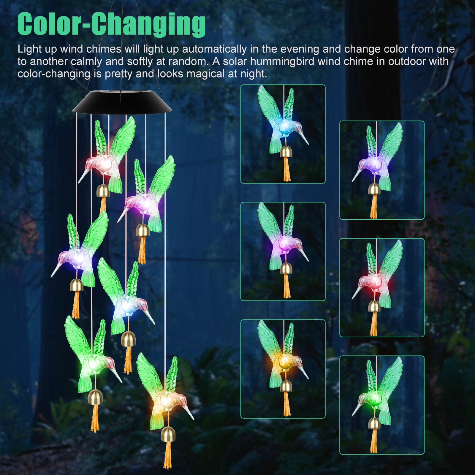 Changing Color Hummingbird Wind Chimes， EEEkit Solar Powered LED Hanging Lamp Bird Windchime Light， Mobile Hanging Outdoor Wind Chime for Outdoor Indoor Gardening Yard Pathway Decor