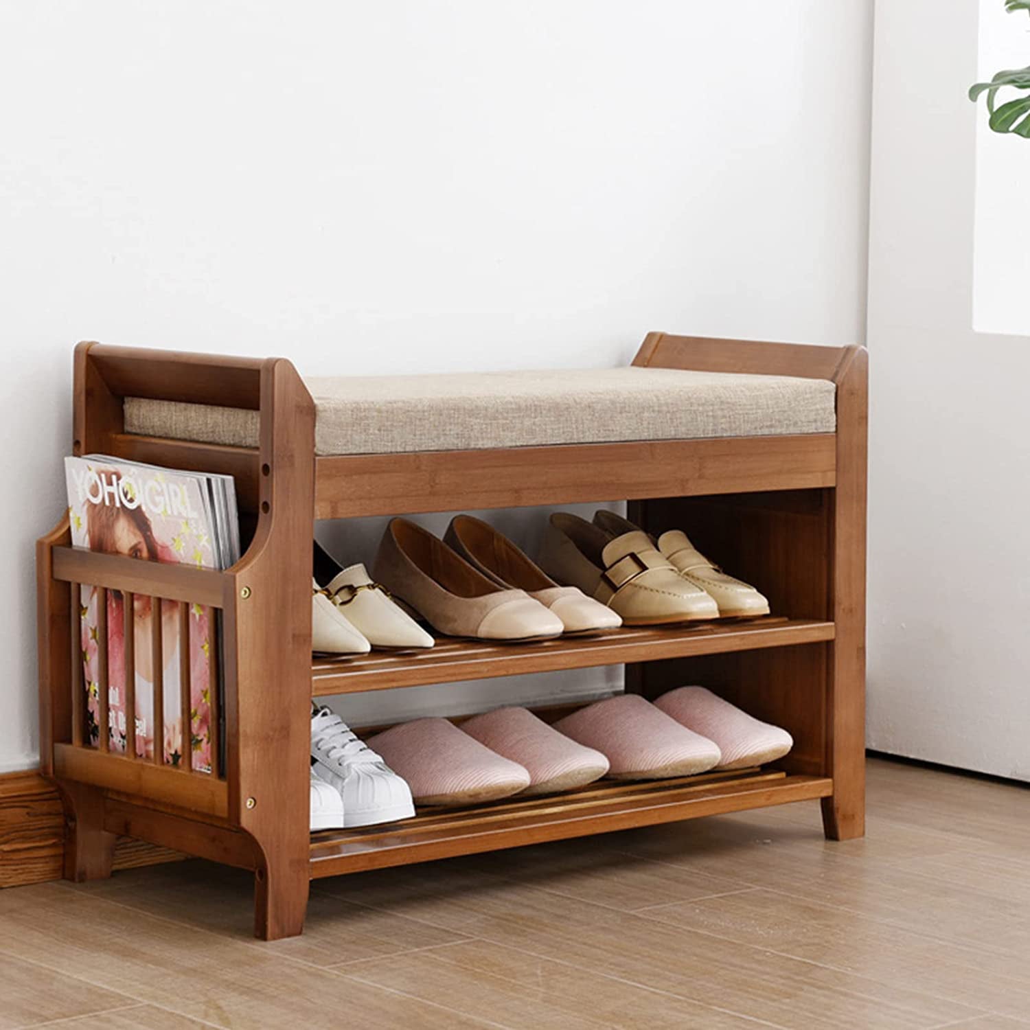 OUKANING 2-Tier Shoe Bench Shoe Storage Bench Rack Entryway Shoe Stool with Soft Seat