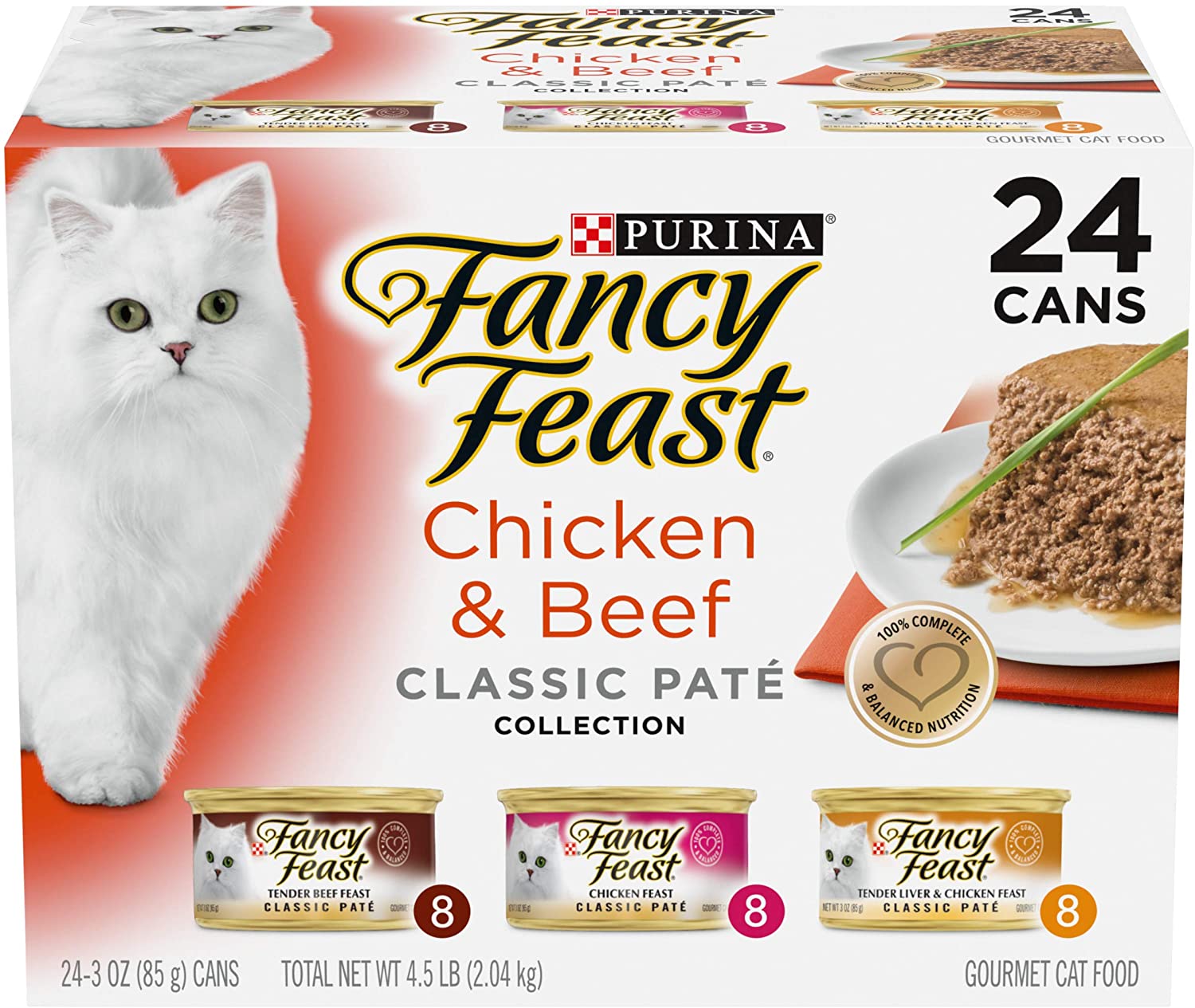 Purina Fancy Feast Pate Wet Cat Food Variety Pack， Classic Collection Chicken and Beef - (24) 3 oz. Pull-Top Cans