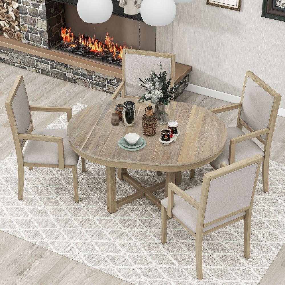 Abrihome 5 Piece Dining Table Set  Two Size Round To Oval Extendable Butterfly Leaf Wood Dining Table