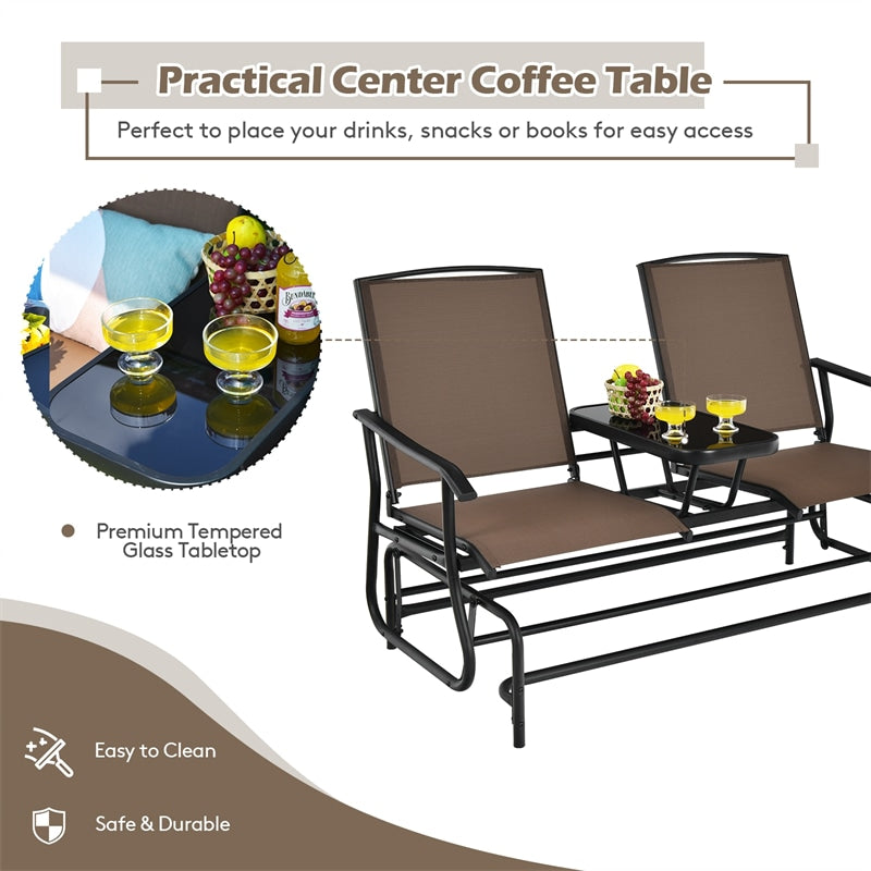 Outdoor 2-Person Rocking Loveseat Patio Bench Glider Chair with Center Tempered Glass Table