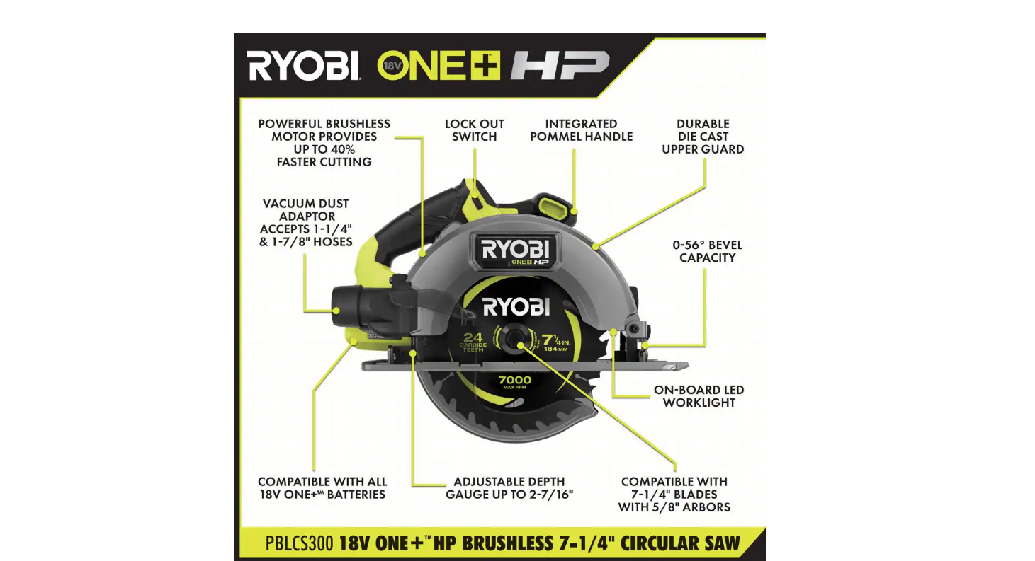 RYOBI PBLCS300B ONE+ HP 18V Brushless Cordless 7-1/4 in. Circular Saw (Tool Only)