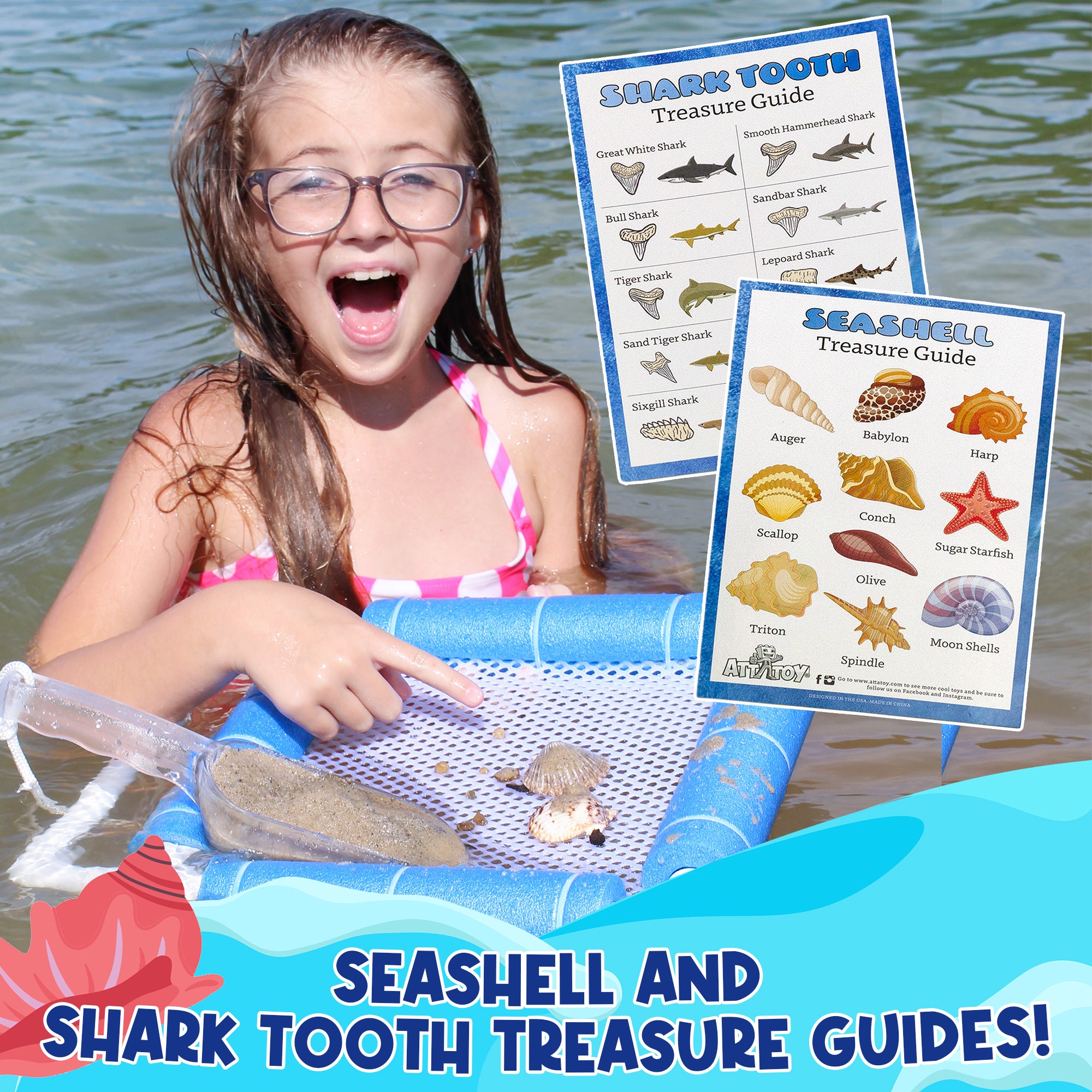 Attatoy Shark Tooth Sand Sifter Set; Beach Fun Play Set w/ Mesh Screen, Scoop, Clip, Bag and Treasure Hunt Guide