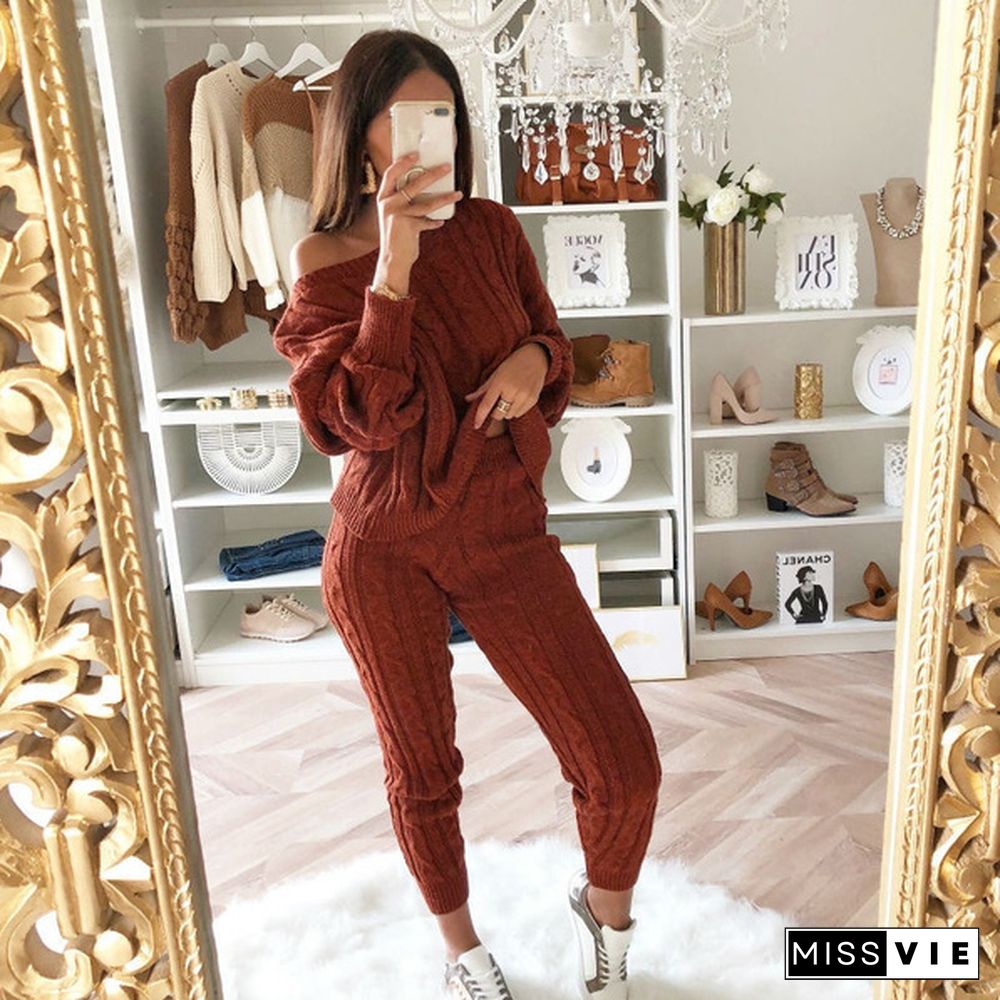 5 Colors 2Pcs Women Solid Sweater Suit And Sets Casual Knitted Sweaters Pants Woman Casual Knitted Trousers+Jumper Tops Clothing Set