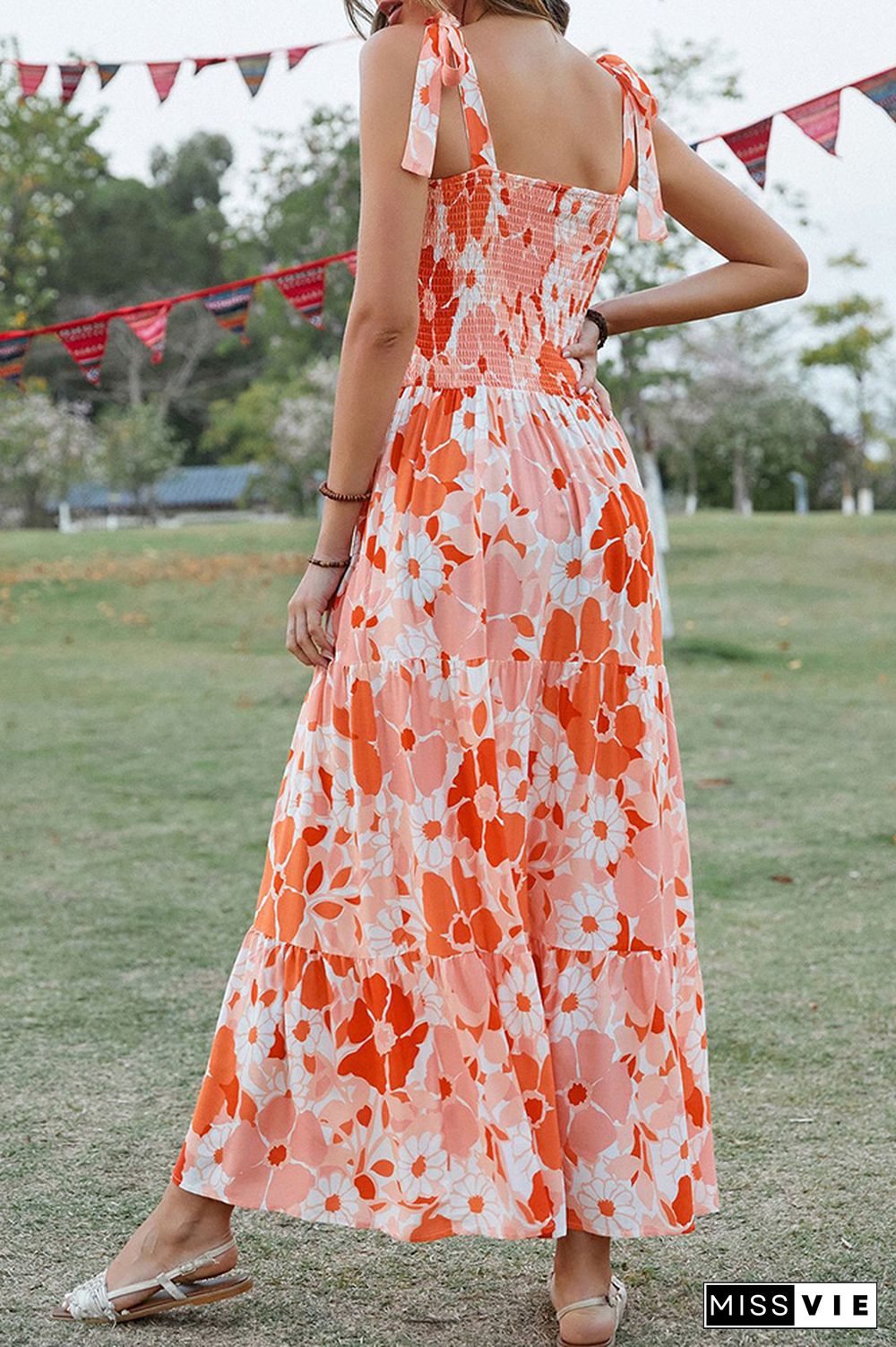 Orange Floral Tie Strap Smocked Maxi Dress