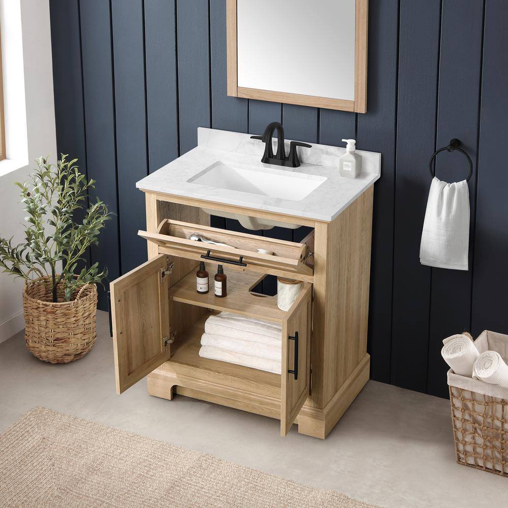 Home Decorators Collection Doveton 30 in. W x 19 in. D x 34.50 in. H Freestanding Vanity in Weathered Tan with White Engineered Stone Top Doveton 30WT