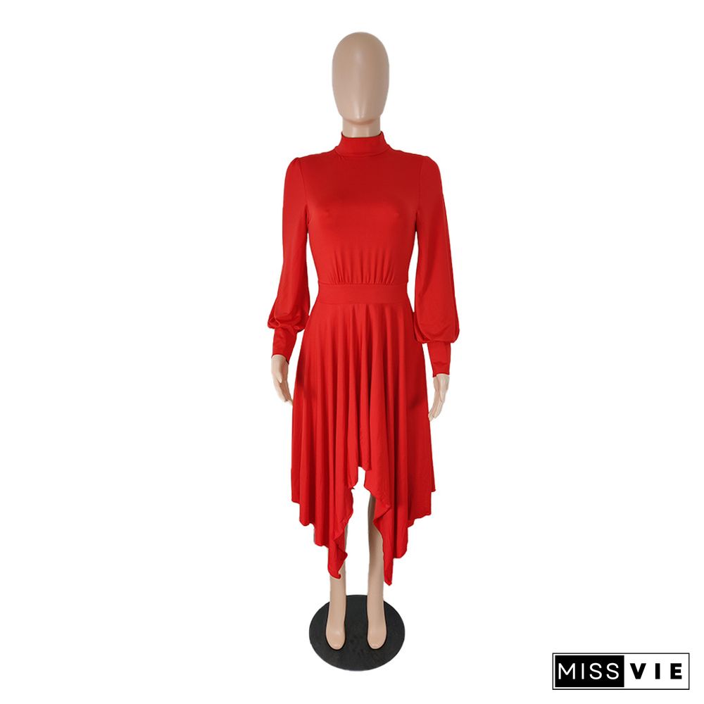 Long Sleeve Irregular Pleated A-Line Elegant Dress