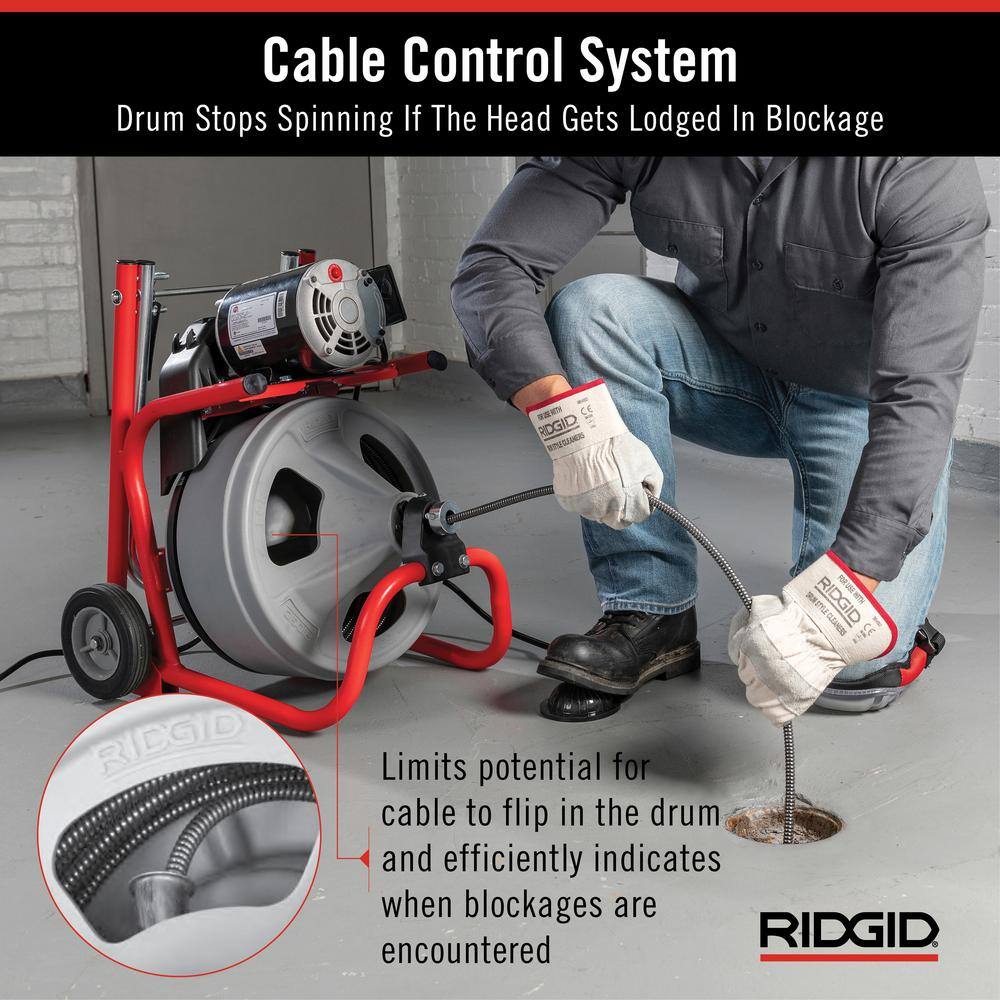 RIDGID K-400 Drain Cleaning Snake Auger 120-Volt Drum Machine with C-31IW 38 in. x 50 ft. Cable + 4-Piece Tool Set and Gloves 26993