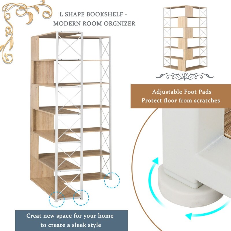 L Shaped 7 Tier Corner Bookshelf and Bookcase