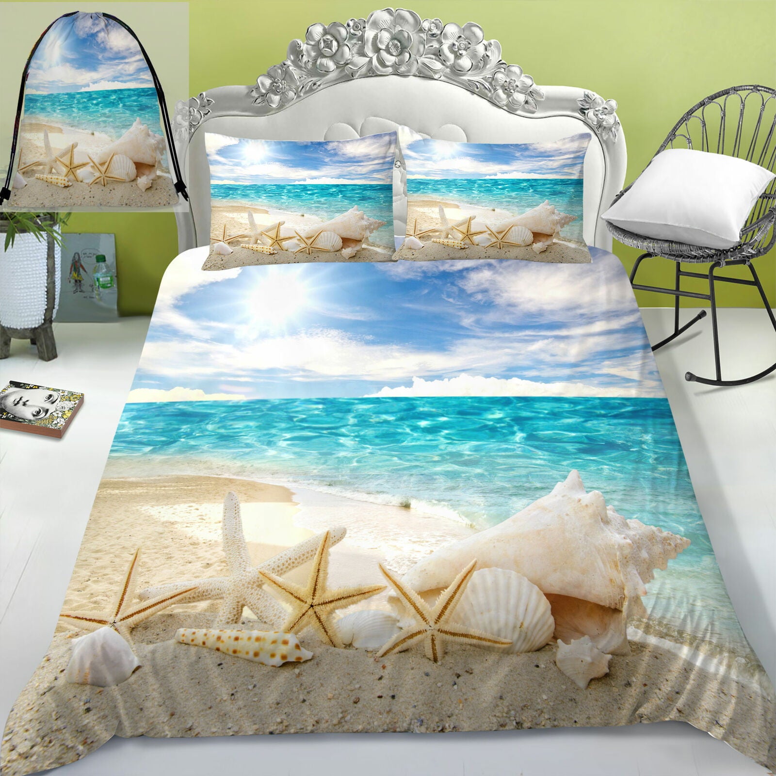 Home Bedding Set 2/3pcs Bed Set with Cloth Bag Seaside Beauty 3D Bedding Set Duvet Cover Set Soft ，California King (98