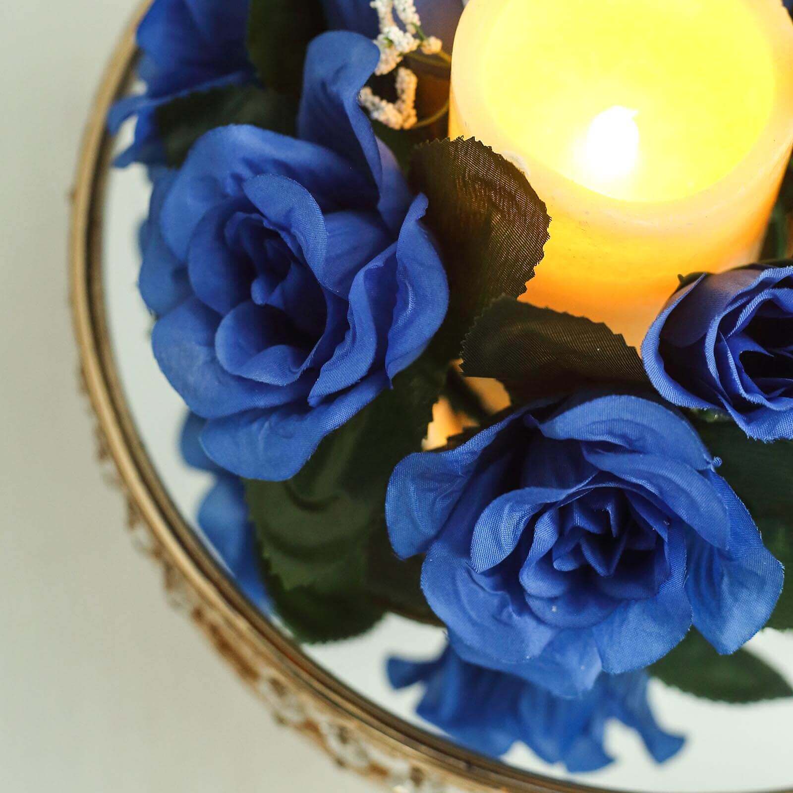 4 Pack Royal Blue Artificial Silk Rose Flower Candle Ring Wreaths 3