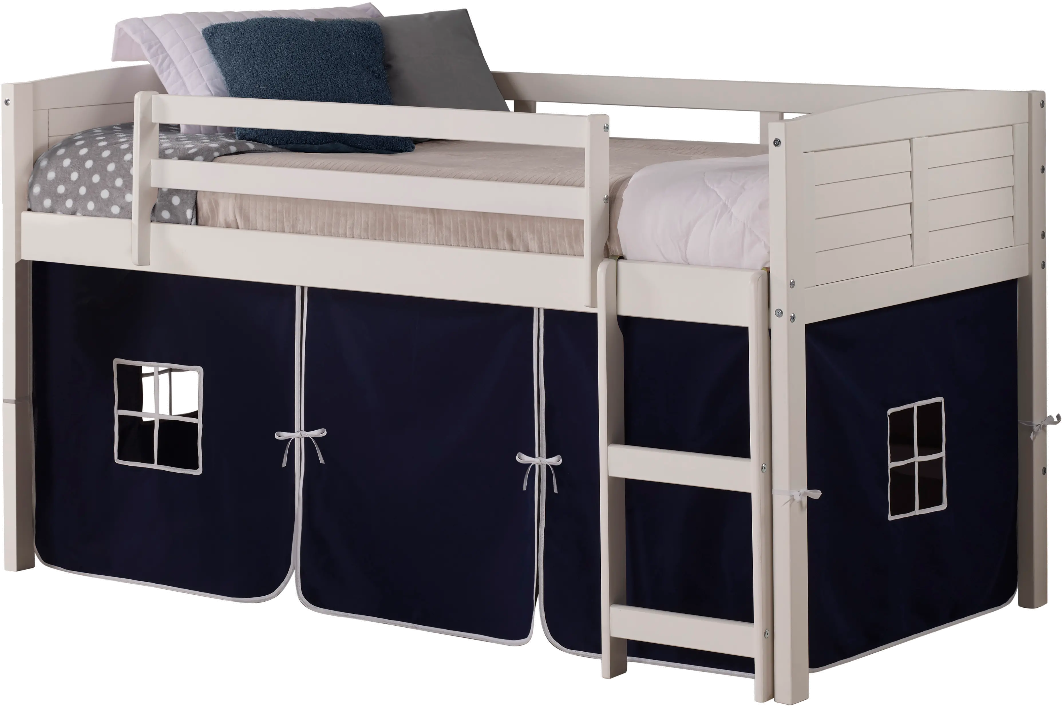 Louver White Twin Loft Bed with Navy Blue Tent