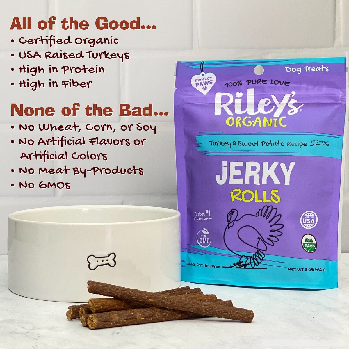 Riley's Organic Jerky Rolls Turkey and Sweet Potato Dog Treats， 5-oz pouch