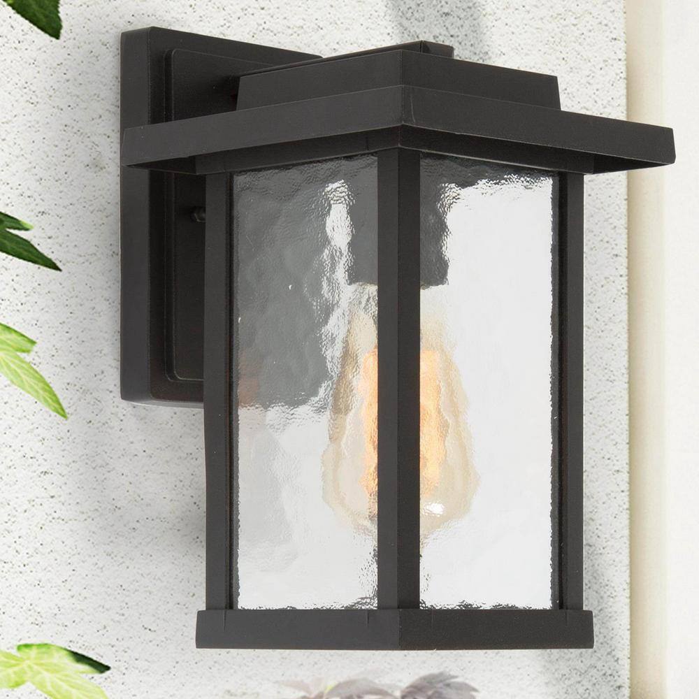 LNC Matte Black Outdoor Wall Lantern Sconce with Textured Glass Shade Modern 1-Light Porch Patio Garden Wall Mounted Light A03321S