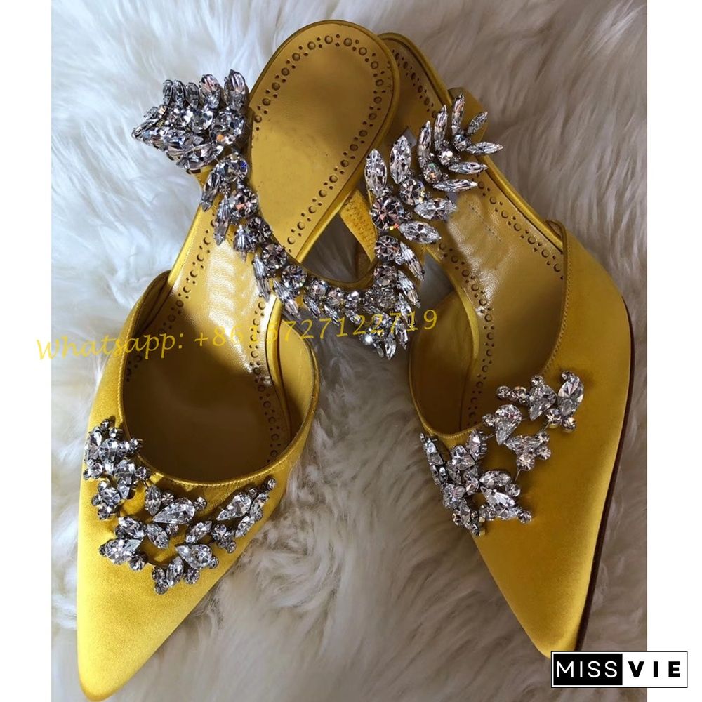 Pointy Toe Crystal Mules Slippers Women Luxury Summer Blue Party High Heels Slippers Sexy Outfit New Arrival Ankle Wrap Shoes