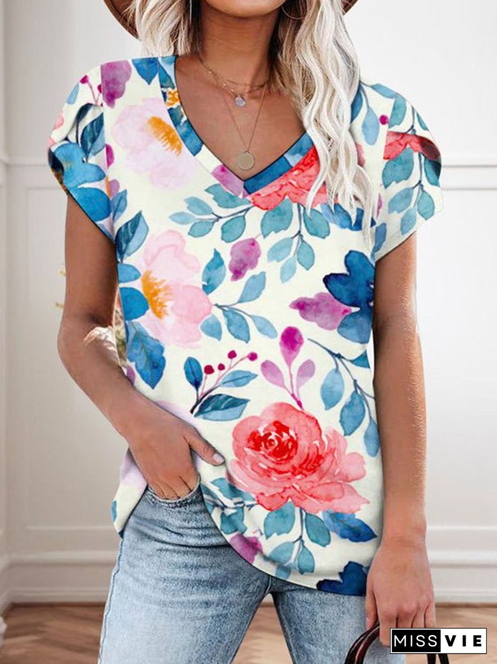 Women'S T-Shirts Floral Print V-Neck Short Sleeve T-Shirt