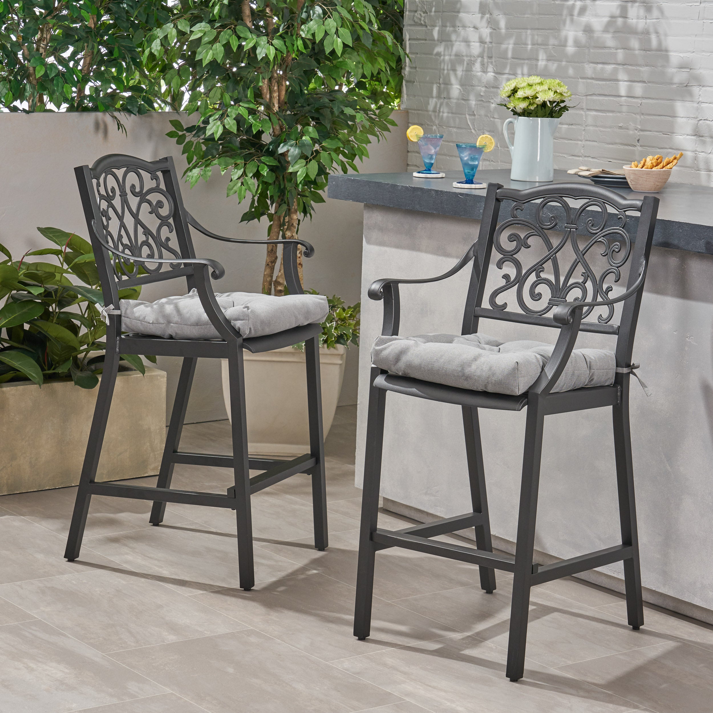 Roberta Outdoor Barstool with Cushion (Set of 2)