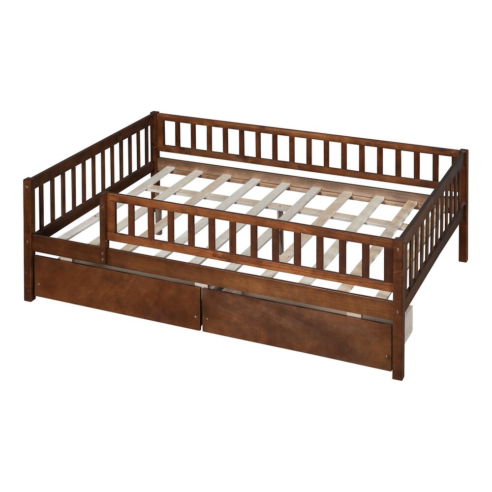 Full Size Daybed with 2 Drawers and Fence Guardrails  Sturdy Pine Wood Sofa Bedframe for Maximized Space and Comfort  Walnut