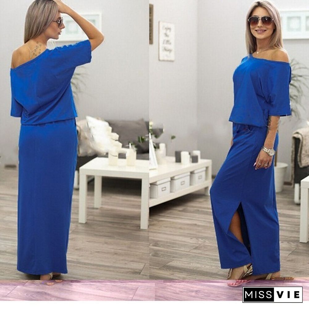 Sexy Women Boho Maxi Dress Short Sleeve Side Slit Loose Evening Party Long Beach Dress