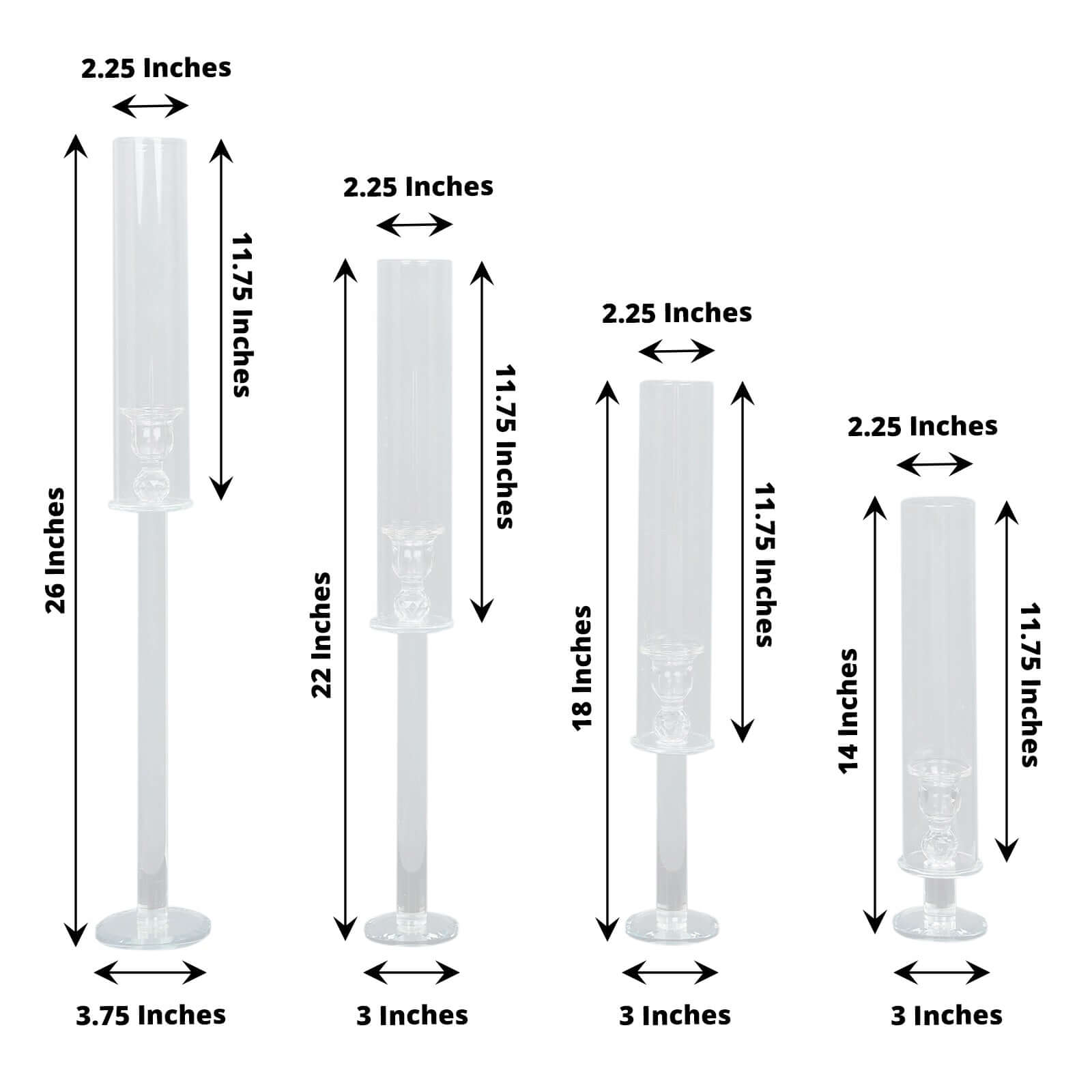 Set of 4 Clear Crystal Glass Hurricane Taper Candle Holders With Tall Cylinder Chimney Tubes 14