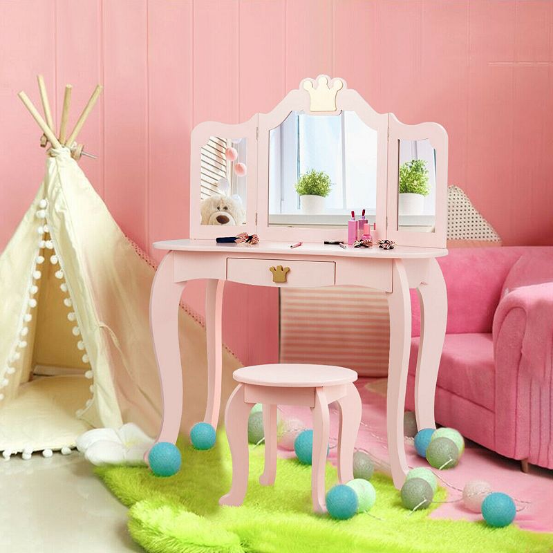 Kids Makeup Dressing Table with Tri-folding Mirror and Stool