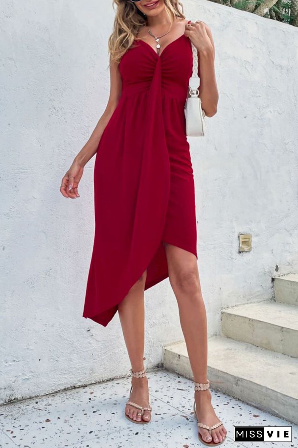 Solid Color Irregular Skinny Slip Dress Wholesale