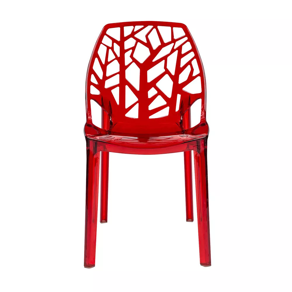 LeisureMod Cornelia Modern Spring Cut-Out Tree Design Stackable Dining Chair - Transparent Red