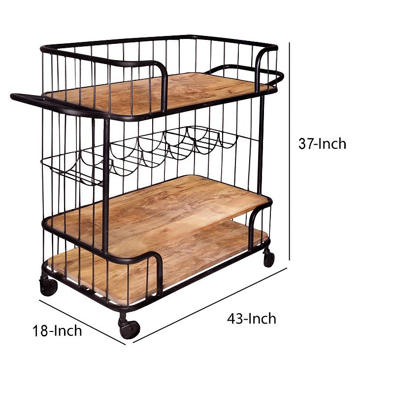 Metal Frame Bar Cart with Wooden Top and 2 Shelves， Black and Brown