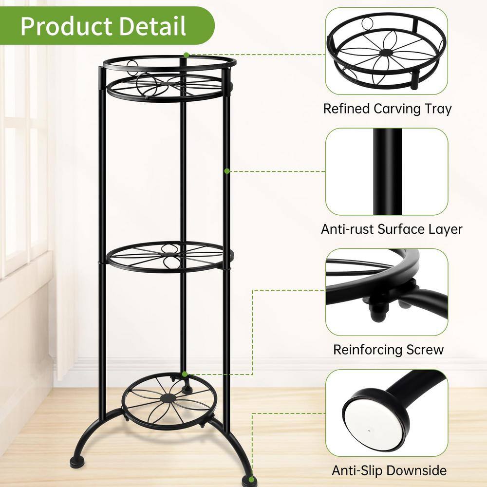 35 in. Black 3 Tier Metal Plant Stand Heavy-Duty Flower Holder NYC59J5