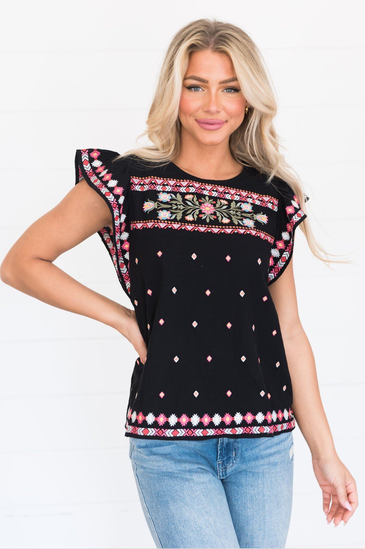 More Than Words Aztec Embroidered Blouse