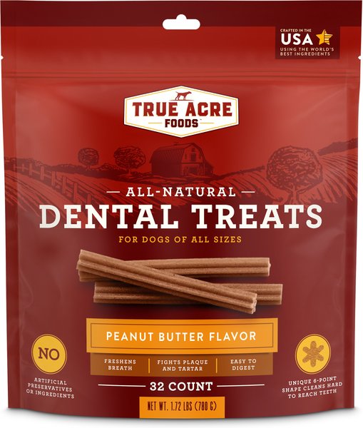 True Acre Foods， All-Natural Dental Chew Sticks， Peanut Butter Flavor， 32 count