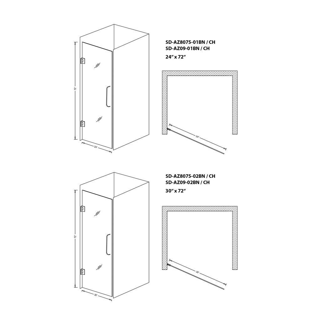 ANZZI FELLOW Series 24 in. x 72 in. Frameless Hinged shower door in Brushed Nickel with Handle SD-AZ09-01BN