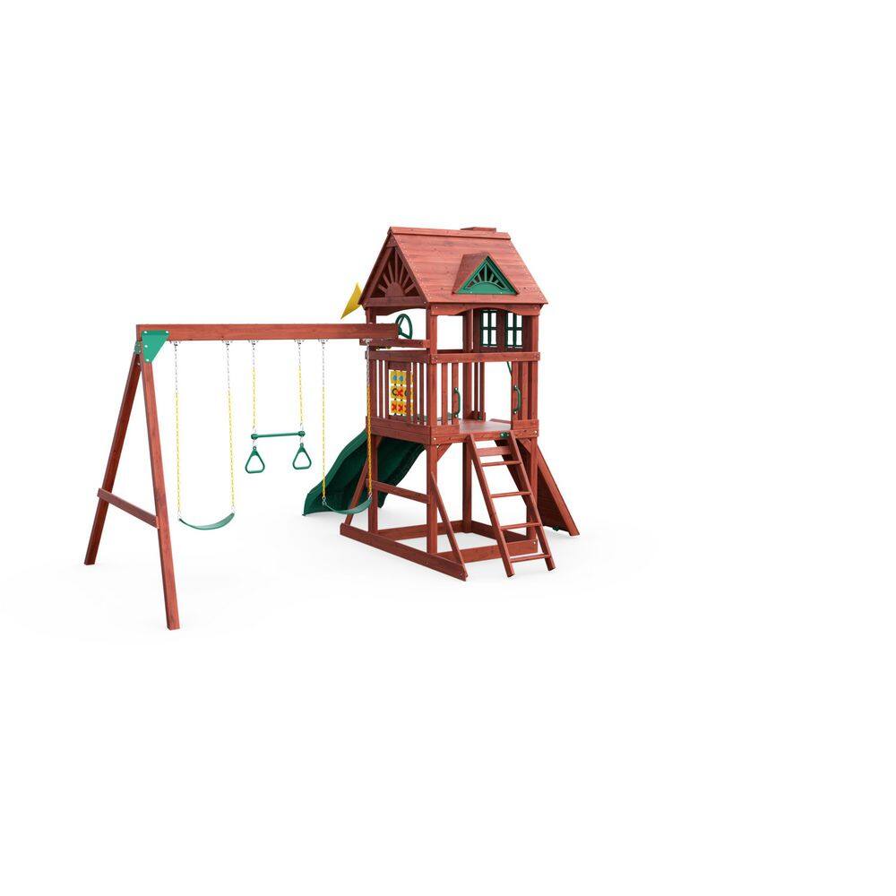 Gorilla Playsets Double Down II Wooden Outdoor Playset with 2 Wave Slides Rock Wall Sandbox and Backyard Swing Set Accessories 01-0036