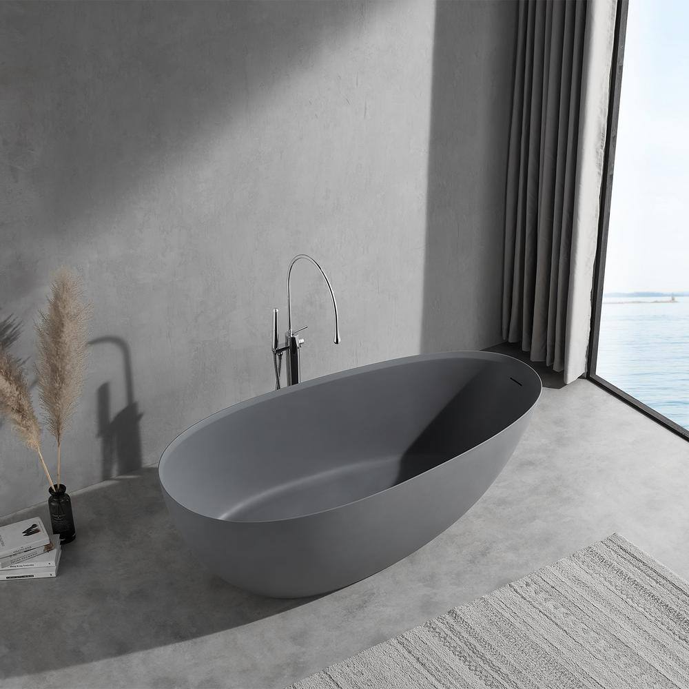 INSTER JUNO 67 in. Solid Surface Stone Resin Egg Shape Flatbottom Bathtub in Matte Cement Grey HDPCYNBT0004