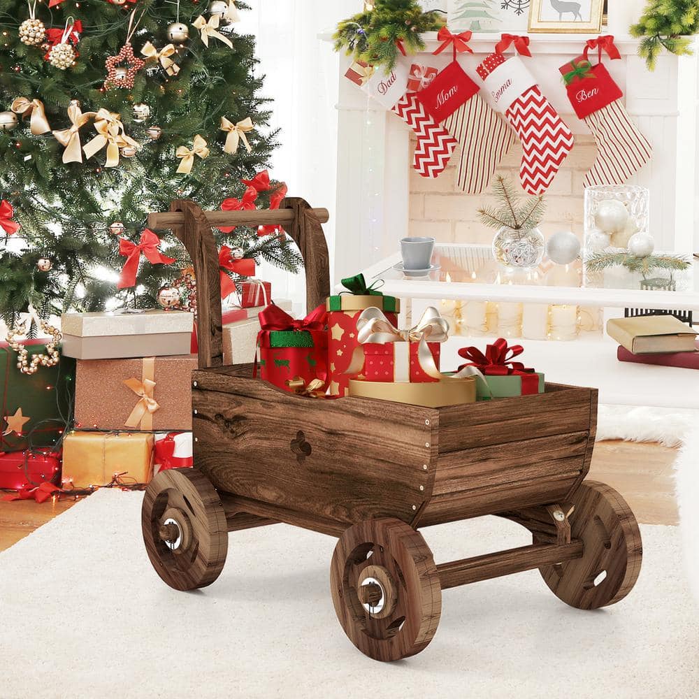 HONEY JOY Wooden Wagon Planter Box Decorative Garden Planter with Wheels Handle Drain Hole Rustic Wooden Flower Planter TOPB006816