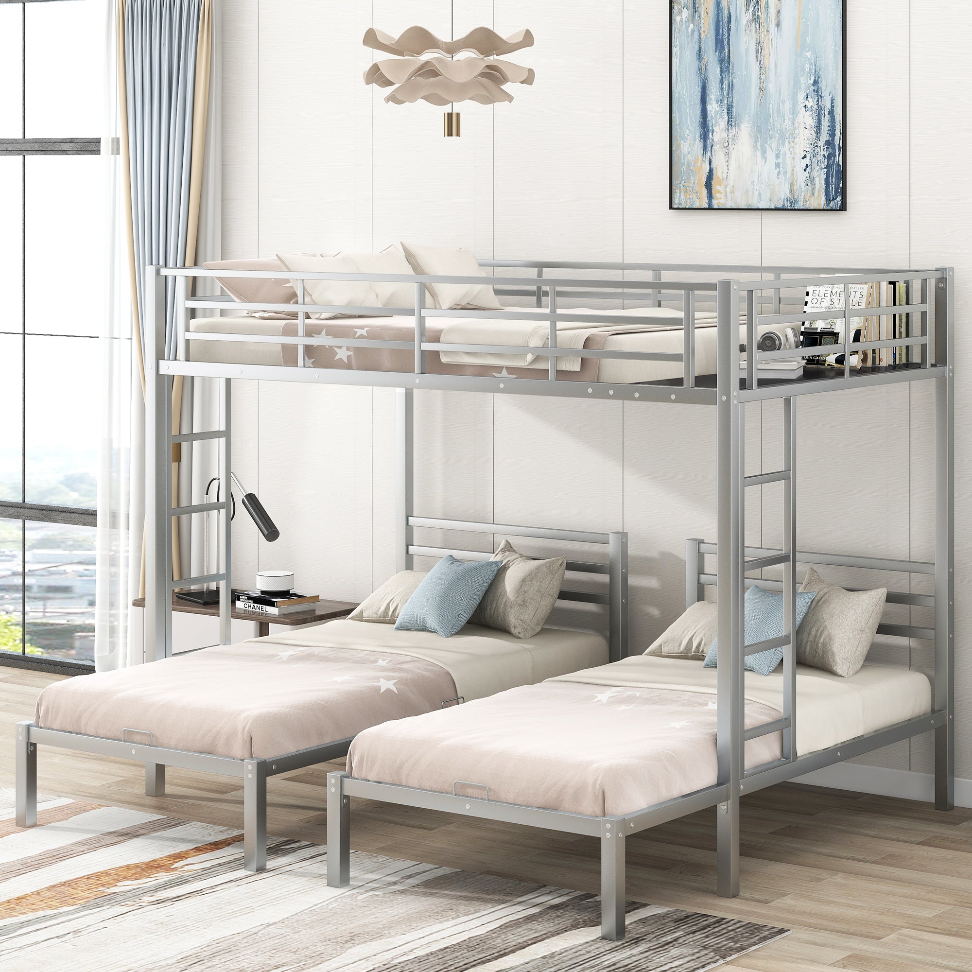 Bellemave Metal Triple Bunk Bed with Ladder, Full over Twin & Twin Bunk Bed for 3 Kids, Teens, Boys & Girl in Bedroom (Silver)