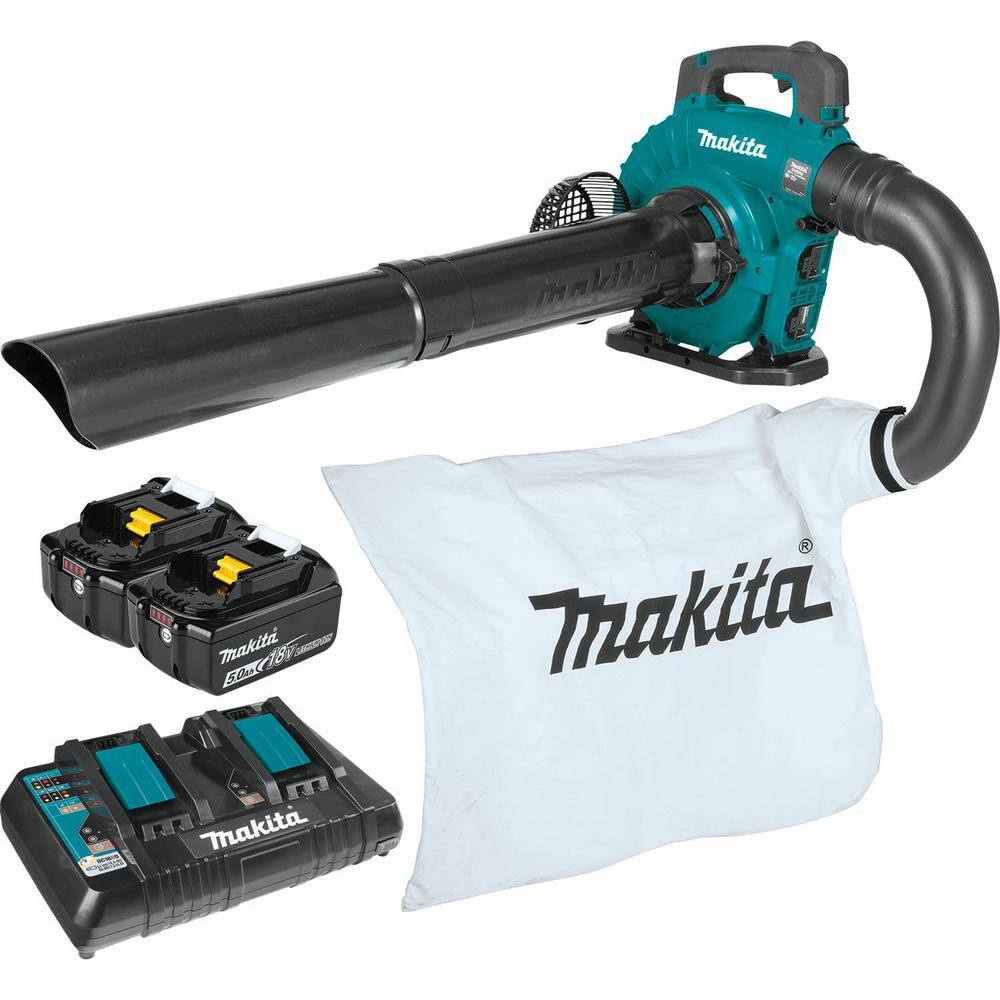 Makita 120 MPH 473 CFM 18V X2 (36V) LXT Lithium-Ion Brushless Cordless Leaf Blower Kit with Vacuum Attachment Kit (5.0 Ah) XBU04PTV