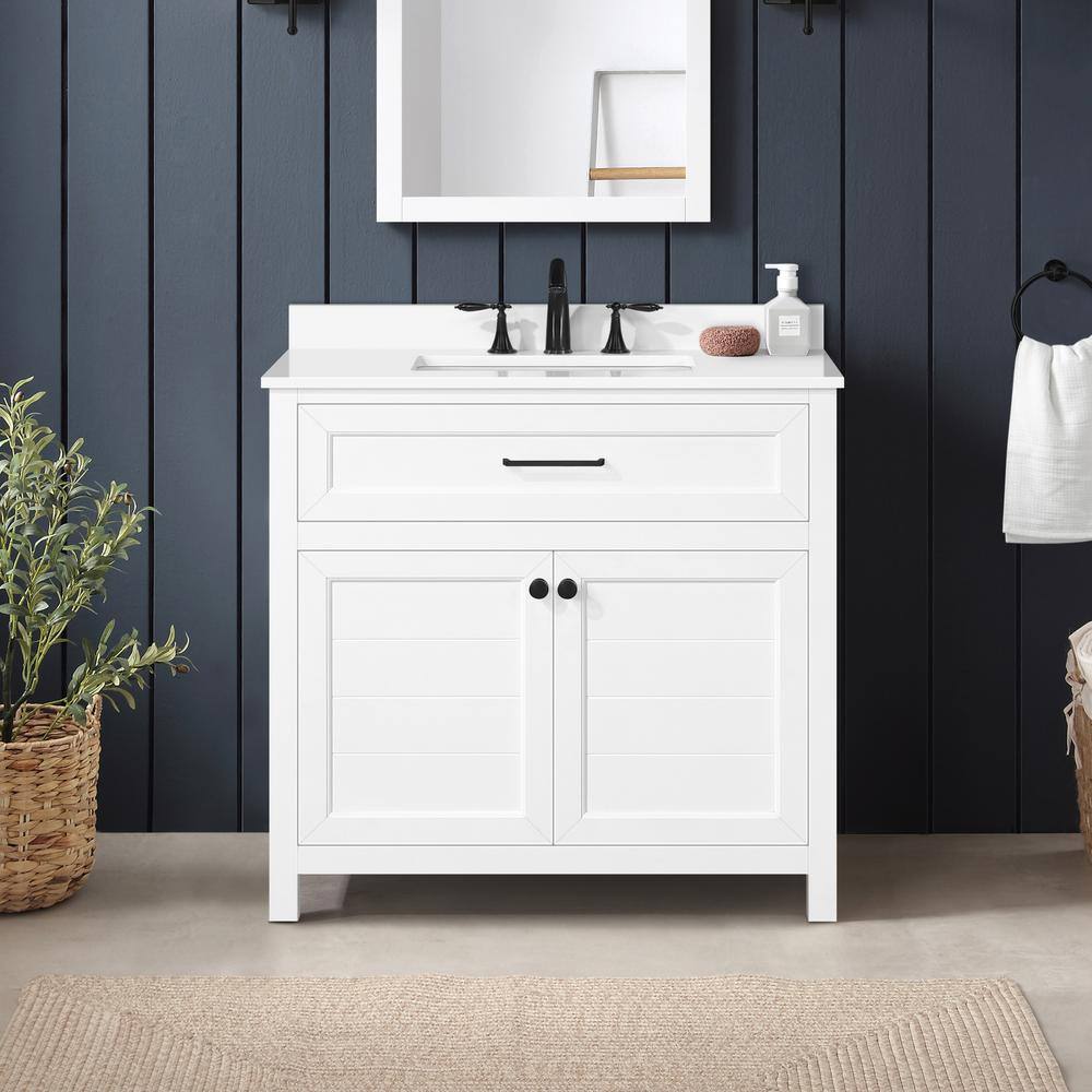 Home Decorators Collection Hanna 36 in. W x 19 in. D x 34.50 in. H Freestanding Bath Vanity in White with White Engineered Stone Top Hanna 36W