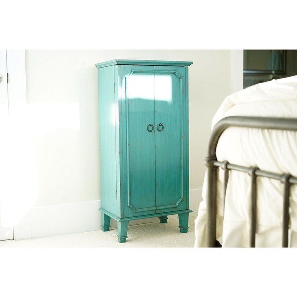 Vintage Turquoise Hand Painted Jewelry Armoire with Antique Drawer Pulls - 13.8 x 19 x 40 inches - - 37152595