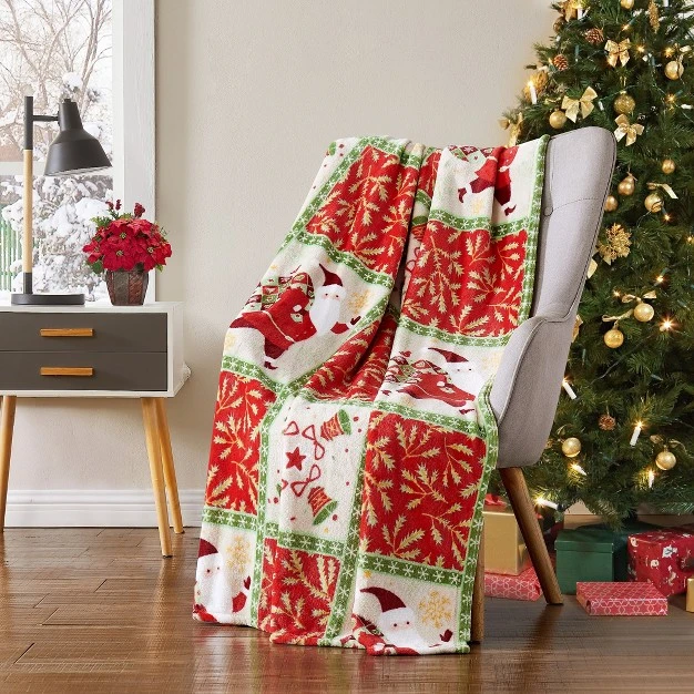 Holiday Living Classic Christmas Santa Claus Patch Ultra Soft amp Plush Accent Throw Blanket 50 In W X 60 In L