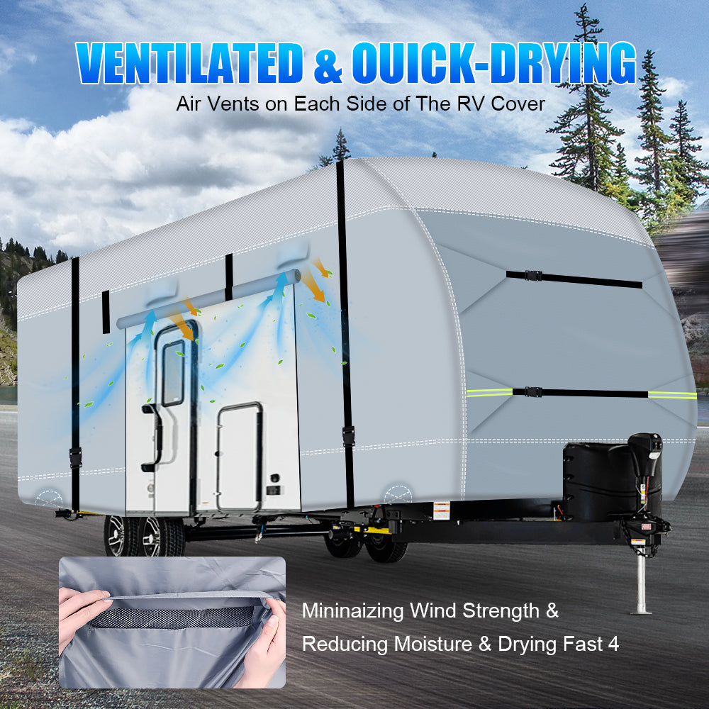 YEOPGYEON Travel Trailer RV Cover 600D Oxford Cloth，31.7'-34' Waterproof 6 Layers with 4 Tire Covers，Tongue Jack Cover，Waterproof Anti-Uv Prevent Top Tearing Caused by Sun Exposure