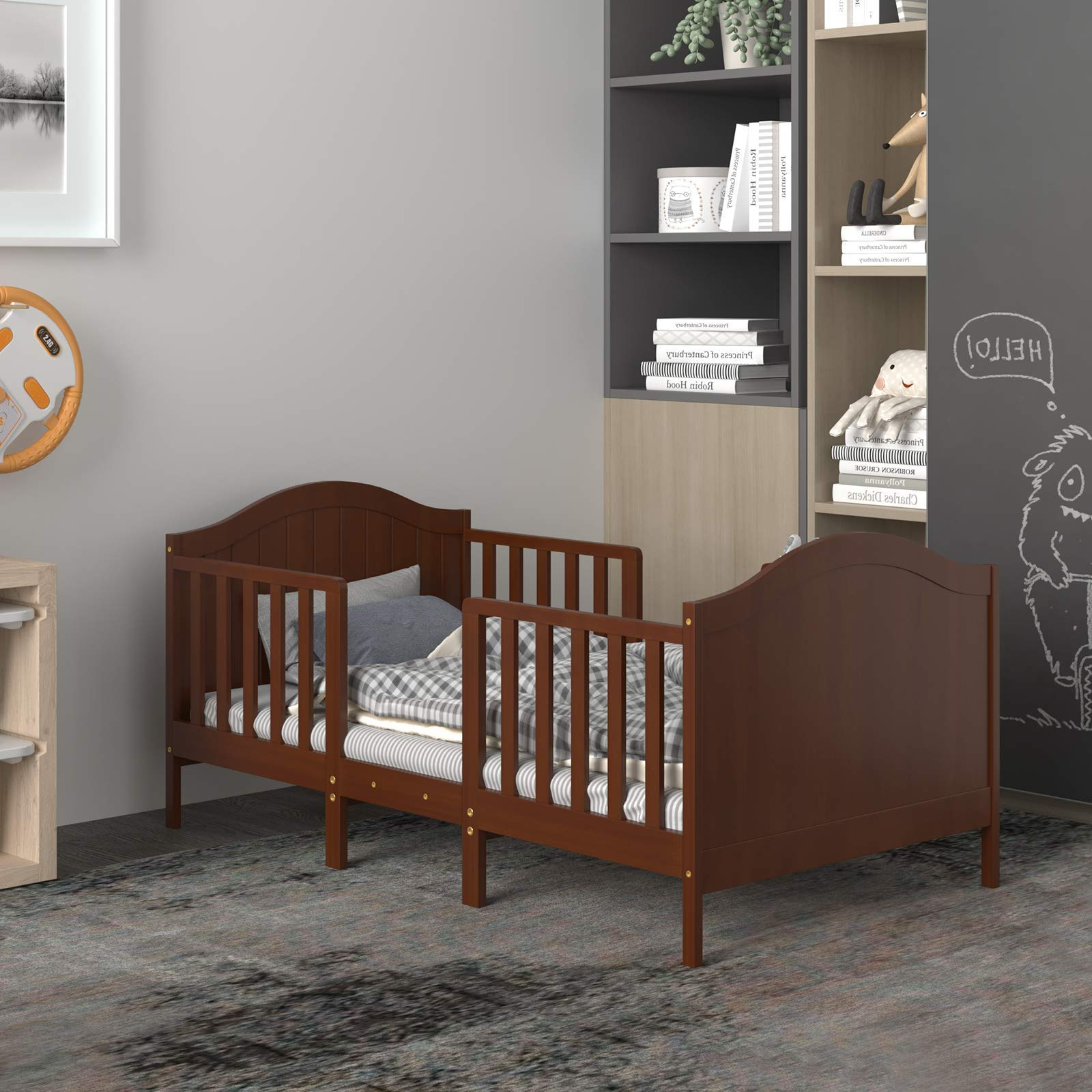 Classic Wood 2 in 1 Children Bed Frame w/2-Side Guardrails & Footboard