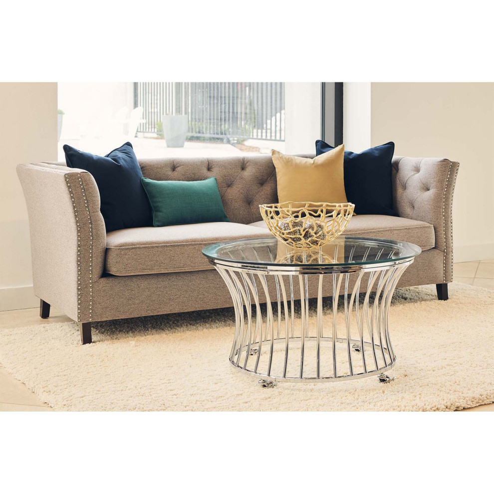 Modern Coffee Table  Curved Design With Round Tempered Glass and Casters  Chrome   Contemporary   Coffee Tables   by Declusia  Houzz