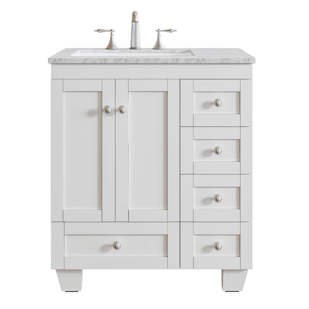 Eviva Acclaim 30 in. W x 22 in. D x 34 in. H Bath Vanity in White with White Carrara Marble Vanity Top with White Sink EVVN69-30WH